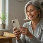 Mulher madura usando smartphone redes sociais casa confortável aprendendo tecnologia