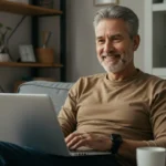 "Empreendedor maduro trabalhando com negócios digitais em casa usando laptop"