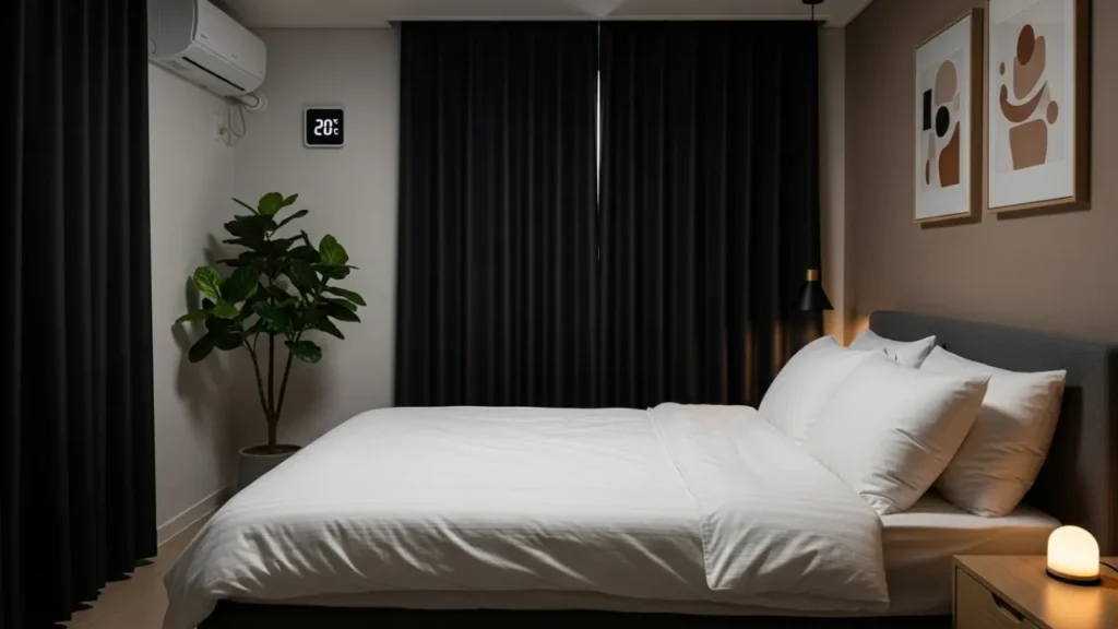 Quarto ideal para sono reparador com cortinas blackout, temperatura controlada e ambiente organizado